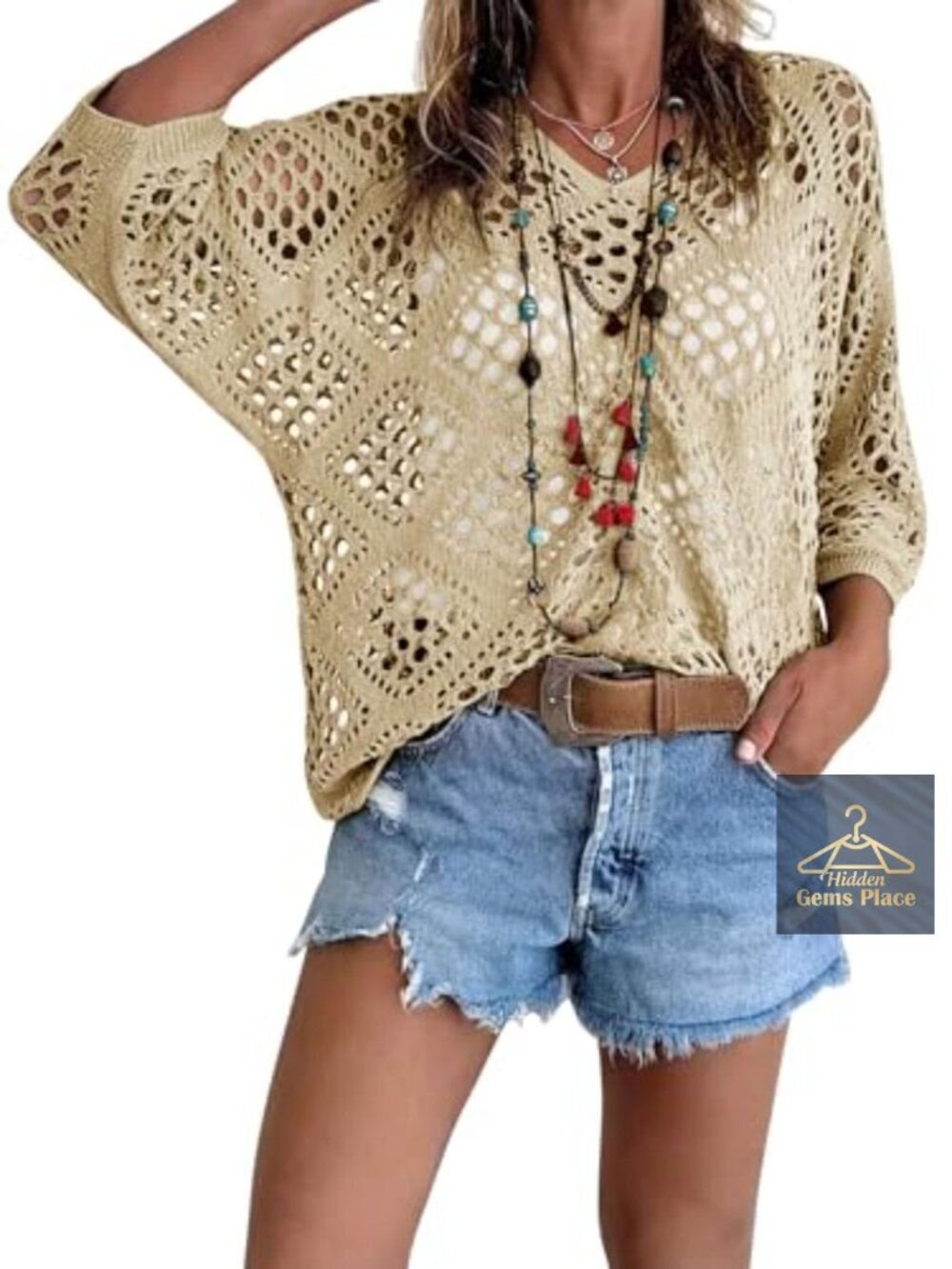 Crochet Cover Up Top Short Sleeve V-Neck Beach Swimsuit Coverup